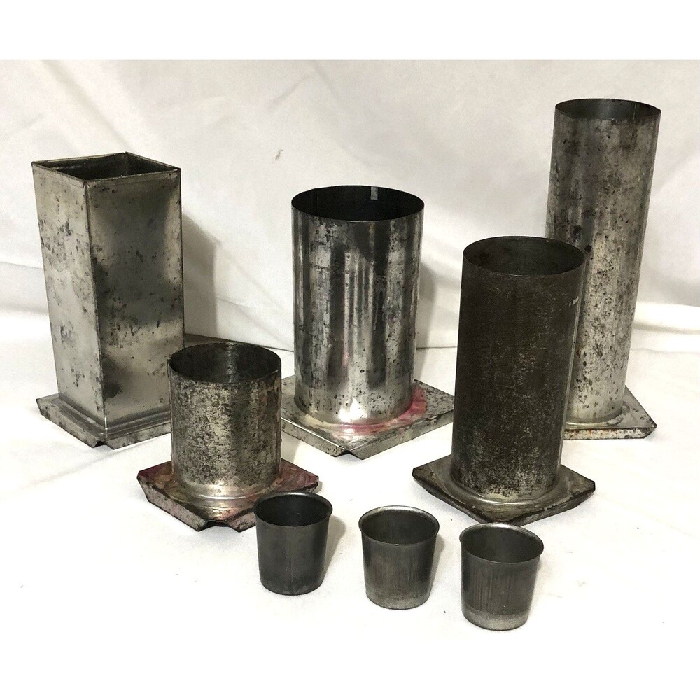 8 Vintage Pourette Metal Assorted Candle Molds 2” to 9.5” Round & Square Pillars